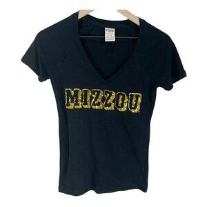 MIZZOU Victorias Secret Pink Gold Sequin Short Sleeved Black V-neck Shirt Sz XS